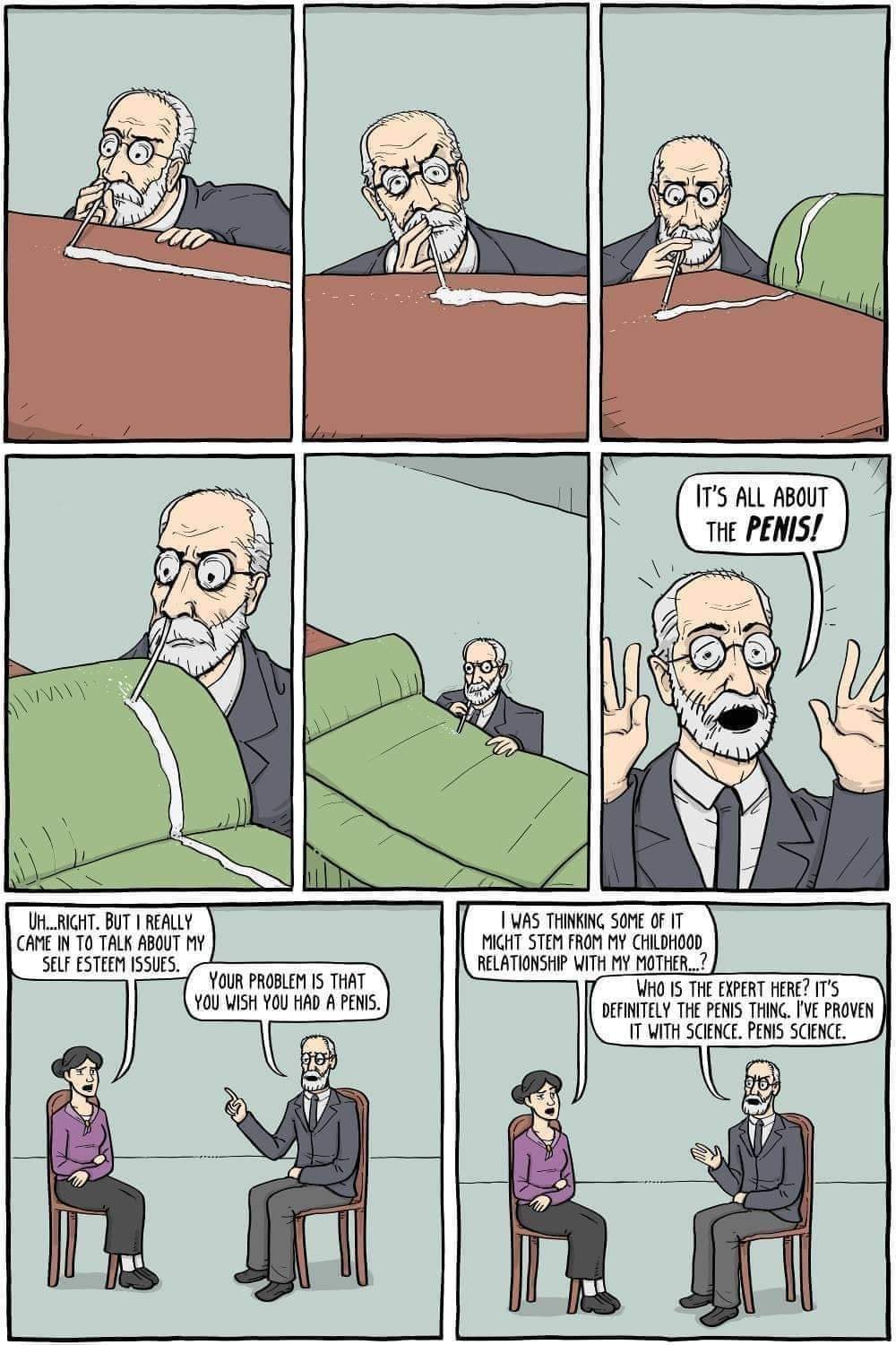 The meme is a comic strip featuring a psychologist's session with a patient. The patient is discussing their self-esteem issues, but the psychologist is distracted by a pen in the patient's mouth. The patient says, "Your problem is that you wish you had a penis," and the psychologist responds, "It's all about the penis." The patient then asks the psychologist to explain the penis, and the psychologist responds, "It's definitely the penis thing. I've proven it with science. Penis science."
